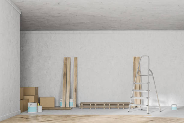 istock Empty room with unfinished wooden floor, ladder 1058526876