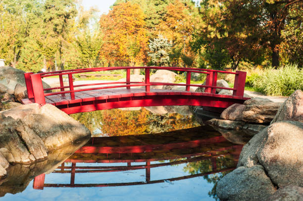 istock park in japanese style with red bridge 1058526880