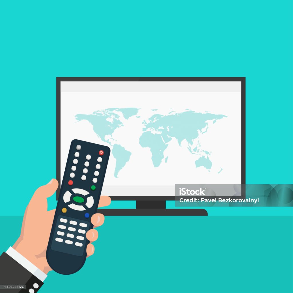 Hand holding wireless remote control near flat screen tv watching world news World news on tv - stock vector Remote Control stock vector