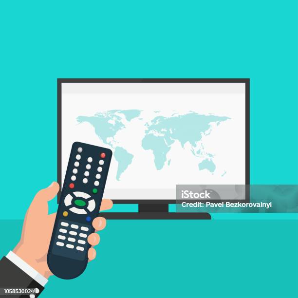 Hand Holding Wireless Remote Control Near Flat Screen Tv Watching World News Stock Illustration - Download Image Now