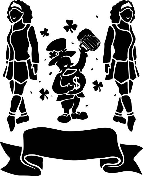 ilustraciones, imágenes clip art, dibujos animados e iconos de stock de negro siluetas de dos niños y leprechaun irlandés - coin label vector illustration and painting