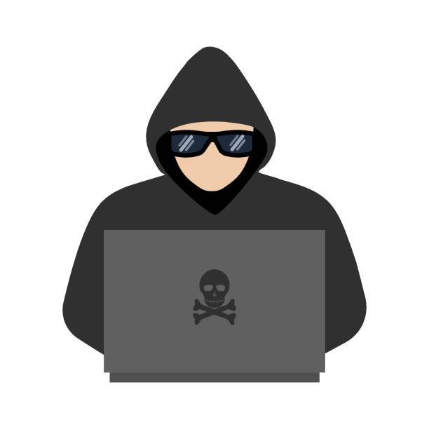 ein mann in einem kapuzenpullover mit einer haube und brille schaut am computer - computer hacker spy spam safety stock-grafiken, -clipart, -cartoons und -symbole