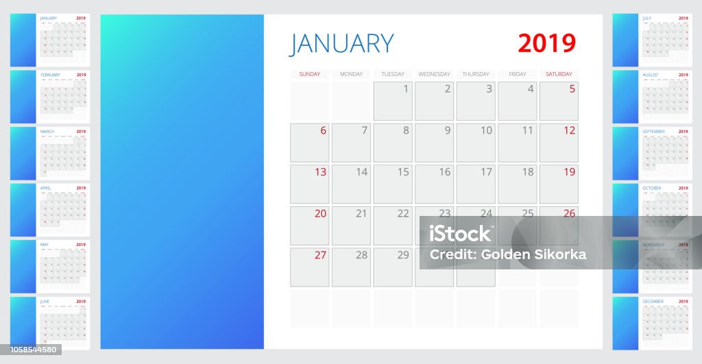 Template Calendar 2019 Week Starts On Sunday Set Of 12 Months Stock
