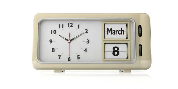 Photo of International womens day 8 March on old retro alarm clock, white background, isolated, 3d illustration.