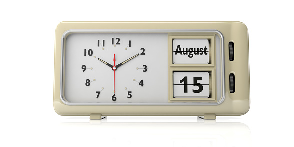 August 15th. Assumption of Virgin Mary date on old retro vintage alarm clock against white background, isolated. 3d illustration.