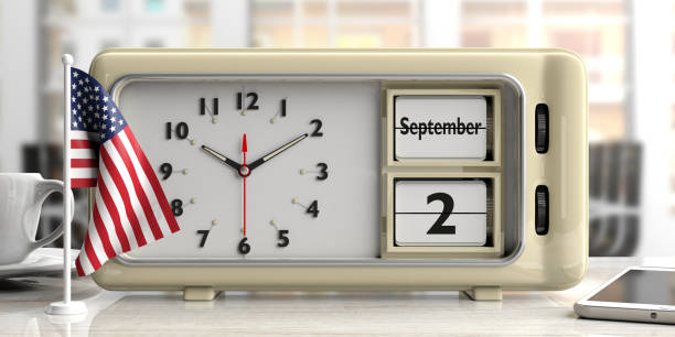 istock Labor Day 2019 on old retro alarm clock, American flag, office background, 3d illustration. 1058546732