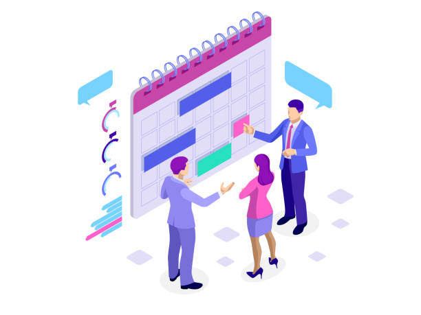 Isometric online business schedule, planning schedule, news, reminder, and events concept. Vector illustration Isometric online business schedule, planning schedule, news, reminder, and events concept Vector illustration time management student stock illustrations