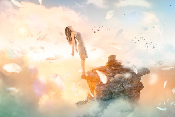 Woman in a white dress flying in the sky. Serenity