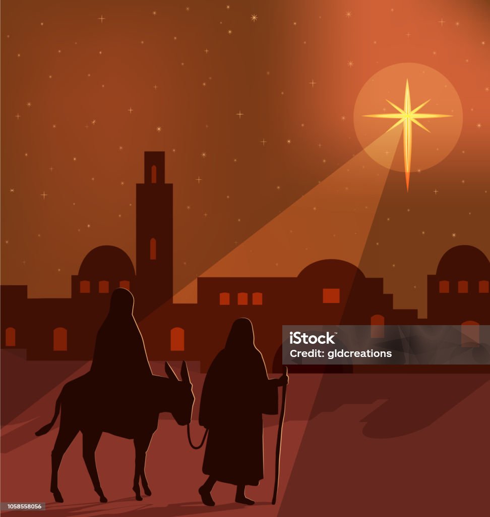 Mary and Joseph with donkey on the way to Bethlehem Mary, Joseph and donkey silhouettes on the way to Bethlehem, with a large bright star shining in a orange, golden illuminated night sky, vector illustration. Bethlehem - West Bank stock vector