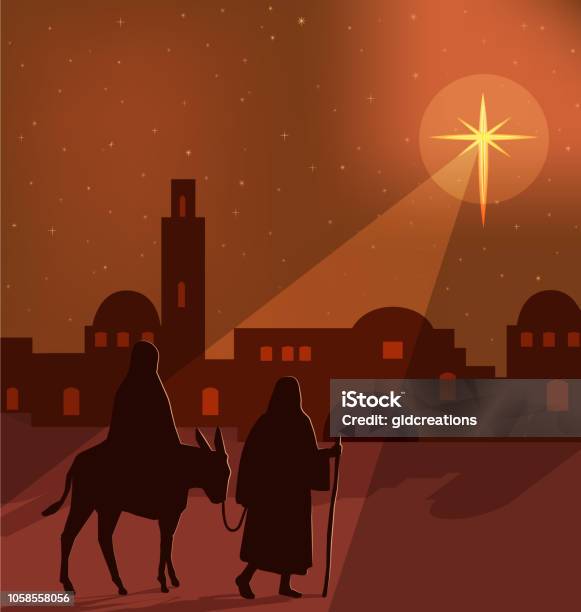 Mary And Joseph With Donkey On The Way To Bethlehem Stock Illustration - Download Image Now