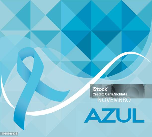 Novembro Azul Is Blue November In Portuguse Blue Ribbon Vector Prostate Cancer Awareness Month Ribbon On Geometric Background Stock Illustration - Download Image Now