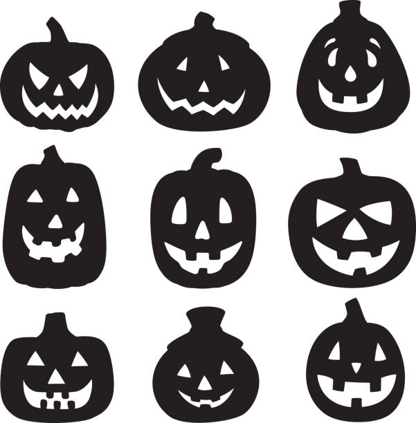 잭 오 랜 턴 실루엣 1 - halloween pumpkin carving jack olantern stock illustrations