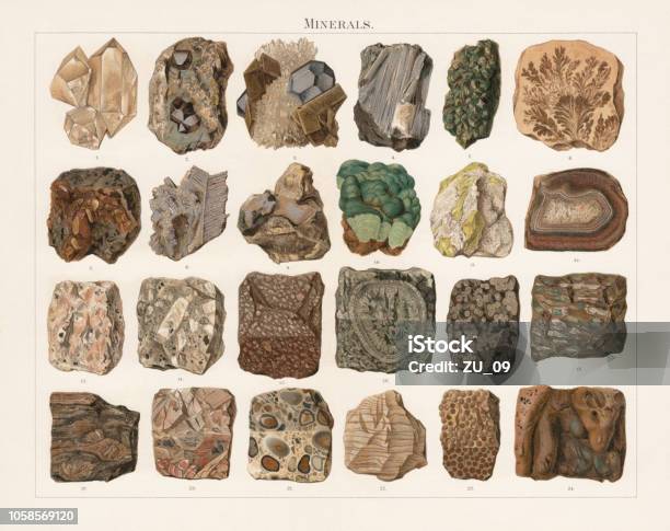 Minerals And Stones Lithograph Published In 1897 Stock Illustration - Download Image Now - Mineral, Lithograph, Engraving