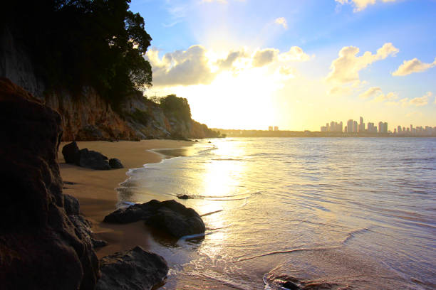 View of João Pessoa city from Ponta do Seixas beach Cliffs, rocks, plants, beach, skyline of the city, blue sky with clouds, sunshine reflected by the flat sea paraiba stock pictures, royalty-free photos & images