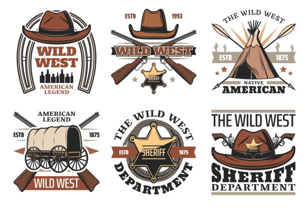 illustrazioni stock, clip art, cartoni animati e icone di tendenza di simboli del selvaggio west con cappello da cowboy sceriffo e pistole - horseshoe cowboy fire cowboy hat