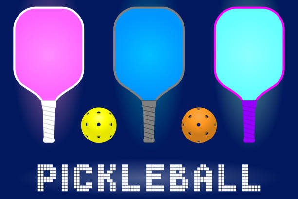pickleball paddle rackets and balls pickleball paddle rackets and balls. set of sport equipment for hobby game in modern color. stock vector illustration pickleball stock illustrations