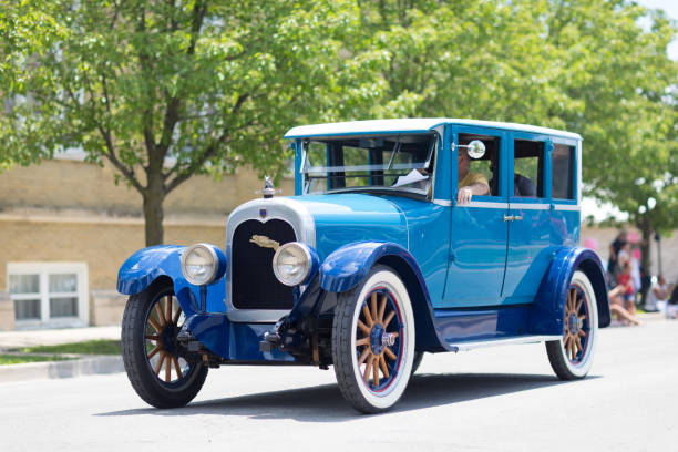 Kokomo, Indiana, USA - June 30, 2018: Haynes Apperson Parade, A classic truck Apperson 1918 blue color going down the street