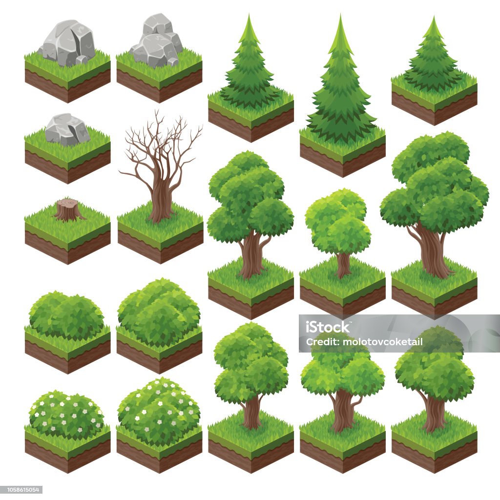 isometric landscape game asset 2 A set of isometric landscape game asset. Tree stock vector