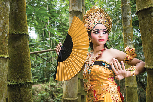 In a natural bamboo forest environment, a young teenage Balinese girl wearing a traditional Legong costume and holding a hand fan gracefully poses and dances in front of the camera. The Hindu culture is still well preserved and children learn at a very young age the art of Ramayana and dance.