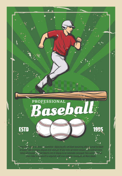 illustrazioni stock, clip art, cartoni animati e icone di tendenza di poster retrò di baseball con oggetti sportivi e giocatore - baseball field grass baseballs