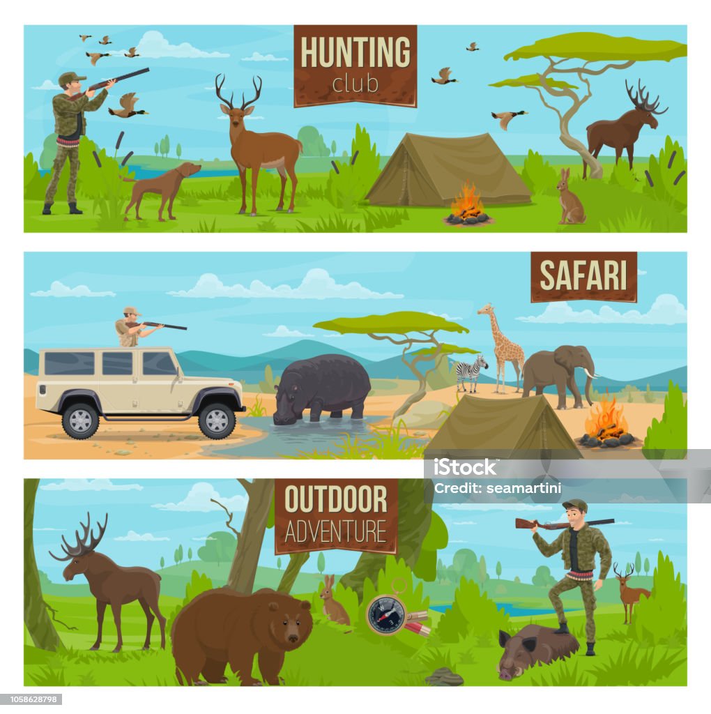 Hunting Sport Outdoor Adventure And Safari Banners Stock Illustration -  Download Image Now - Desert Area, Rabbit - Animal, Hunter - iStock