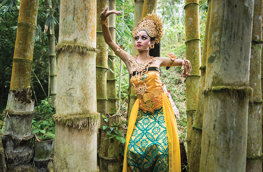 In a natural bamboo forest environment, a young teenage Balinese girl wearing a traditional Legong costume and gracefully poses and dances in front of the camera. The Hindu culture is still well preserved and children learn at a very young age the art of Ramayana and dance.