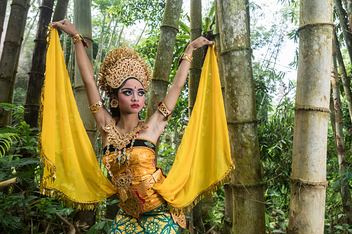 In a natural bamboo forest environment, a young teenage Balinese girl wearing a traditional Legong costume gracefully poses and dances in front of the camera. The Hindu culture is still well preserved and children learn at a very young age the art of Ramayana and dance.