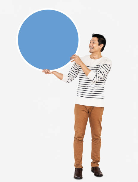 cheerful man holding a blank blue circle - disco ball fotos imagens e fotografias de stock