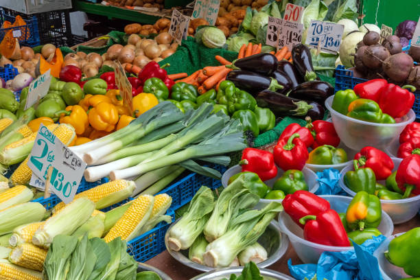 Vegetable boxes at farmer's market; asparagus, cucumbers, zucchini, radicchio, fennel, peppers, onions, garlic, carrots, beans, arugula, and tomato.