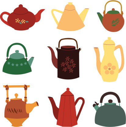 It's tea time with this collection of teapots and kettles. Teapots and kettles in nine different styles. Vector icon set.