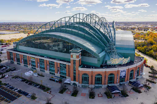 Milwaukee, Wisconsin, USA - October 23, 2018: aerial view of the Miller Park stadium in Milwaukee, Wisconsin. Miller Park is a major league baseball stadium and a home of the Milwaukee Brewers.