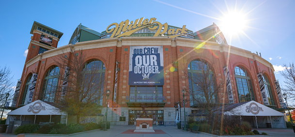 Milwaukee, Wisconsin, USA - October 23, 2018: the front view of the Miller Park stadium in Milwaukee, Wisconsin. Miller Park is a major league baseball stadium and a home of the Milwaukee Brewers.