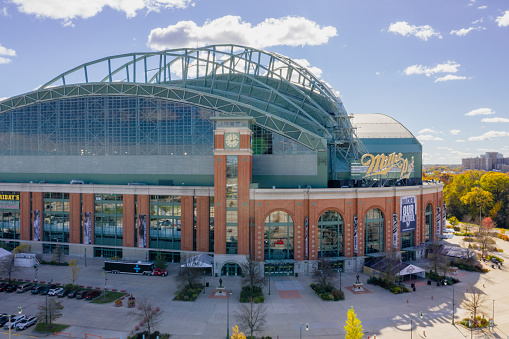 Milwaukee, Wisconsin, USA - October 23, 2018: front-side view of the Miller Park stadium in Milwaukee, Wisconsin. Miller Park is a major league baseball stadium and a home of the Milwaukee Brewers.