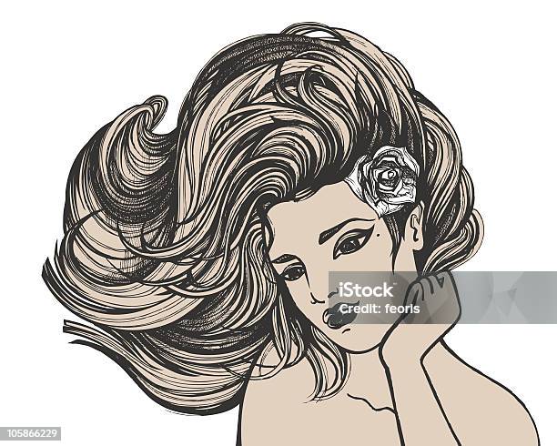 Professional Drawing Of A Long Haired Beauty In Grunge Style Stock Illustration - Download Image Now