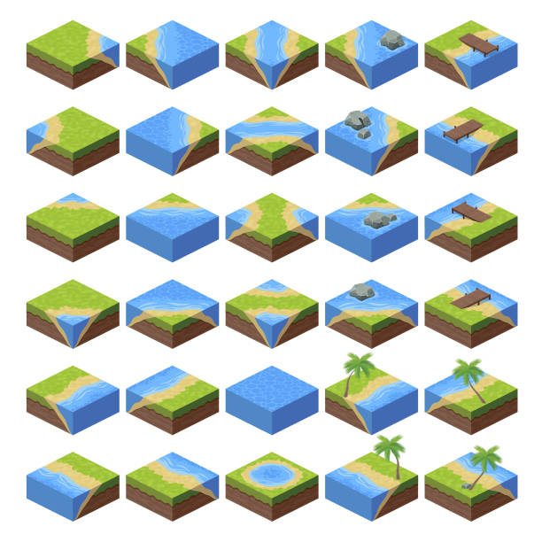 isometric landscape game asset 3 A set of isometric landscape game asset. river clipart stock illustrations