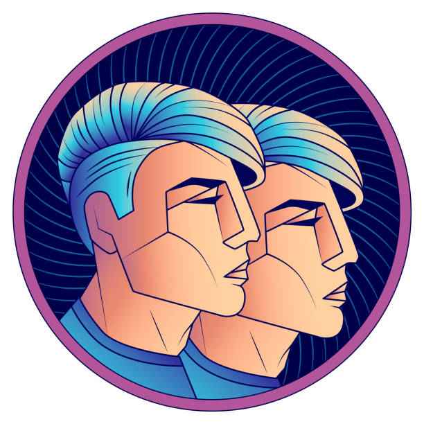 Gemini zodiac sign, horoscope symbol blue, vector Gemini zodiac sign, astrological horoscope symbol. Futuristic style icon. Stylized graphic portrait young guys from the future with stylish modern hairstyle Undercut and blue hair. Vector illustration blue brothers stock illustrations