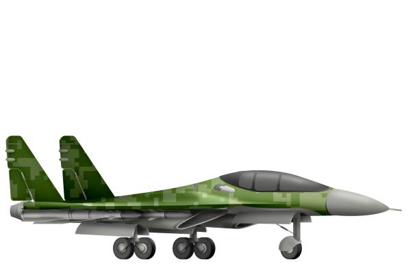 istock fighter, interceptor with pixel forest camouflage with fictional design - isolated object on white background. 3d illustration 1058667216