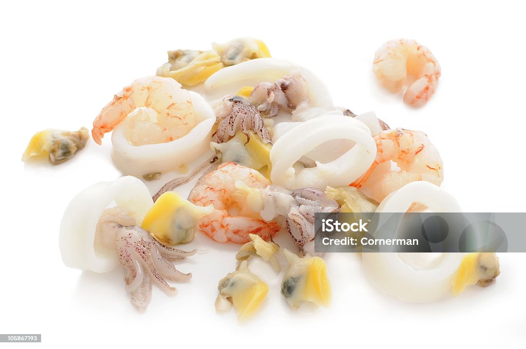 seafood cocktail seafood cocktail.small squid, mussels calamaresringe, shrimps and photographed in a studio with white background Cuttlefish Stock Photo