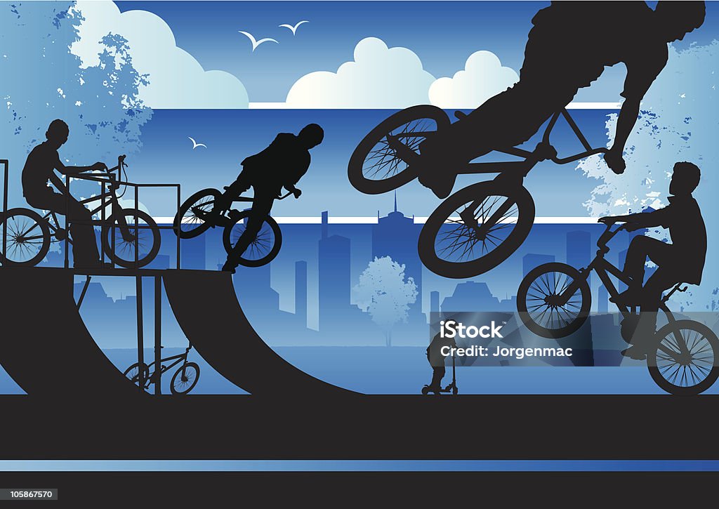 Bicicleta em um Parque da Cidade de meninos - Royalty-free Ciclismo BMX arte vetorial