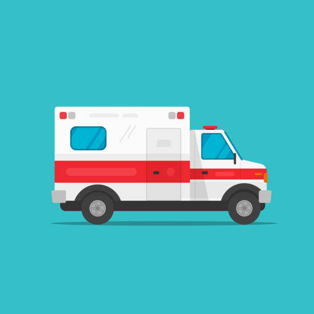 ilustraciones, imágenes clip art, dibujos animados e iconos de stock de ilustración de vector de ambulancia emergencia coche automóvil, vista lateral de historieta plana vehículo médico auto aislado clipart - ambulancia