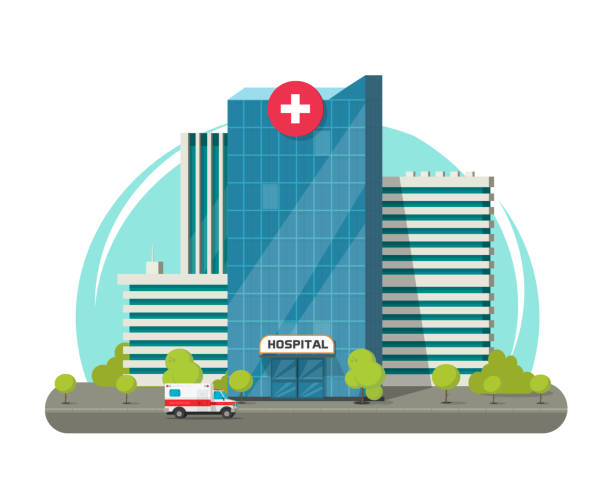 ilustrasi vektor rumah sakit terisolasi, pusat medis modern kartun datar atau clipart klinik - hospital building ilustrasi stok