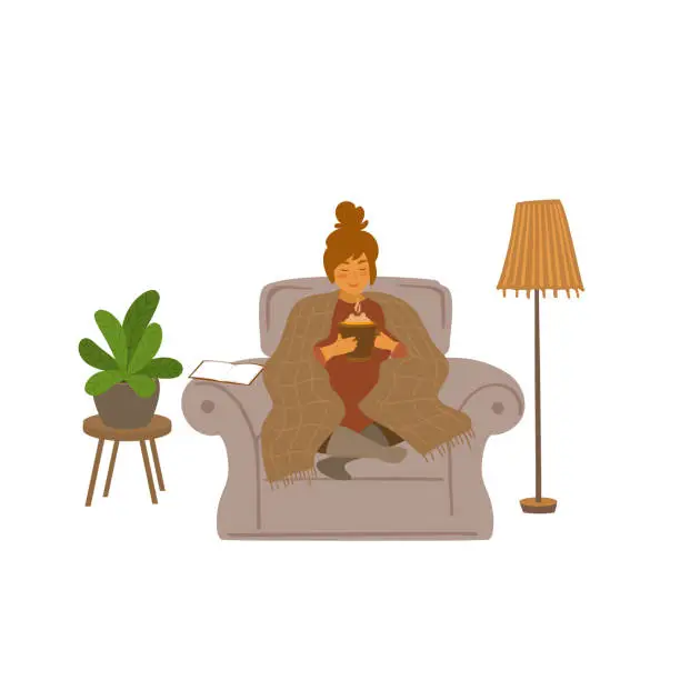 Vector illustration of cute girl  sitting on a couch with hot drink at home cartoon vector illustration scene