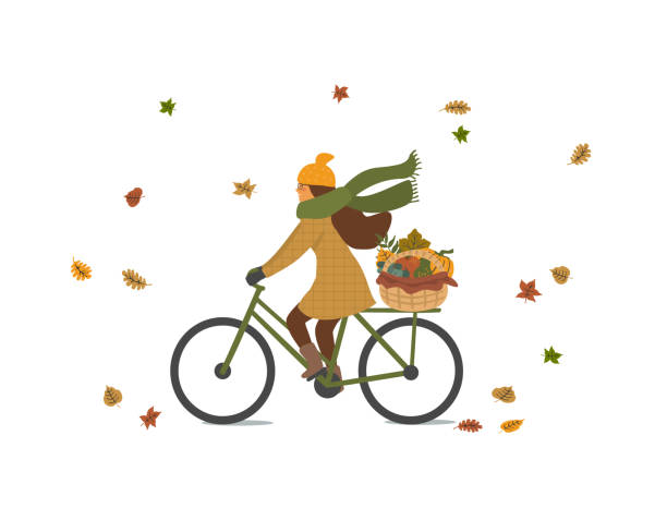 ilustrações de stock, clip art, desenhos animados e ícones de girl riding bike in the autumn fall park scene - descida dos cestos