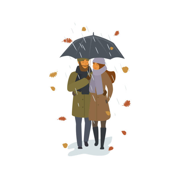 пара ходить вместе под дождем и падения осенних листьев в парке изолированных вектор иллюстрации мультфильм сцены - scarf blowing women autumn stock illustrations
