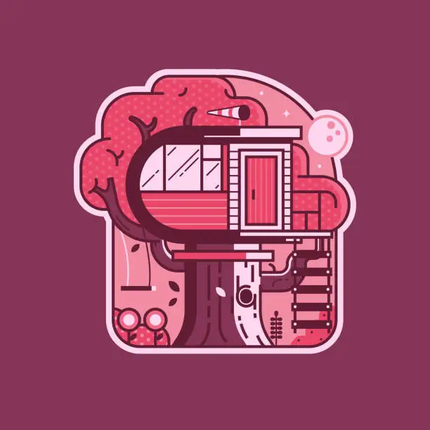 Vector illustration of Modern Wooden Tree House Cabin Sticker