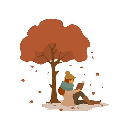 cute young woman reading a book, sitting under the autumn tree in the park isolated vector illustration scene