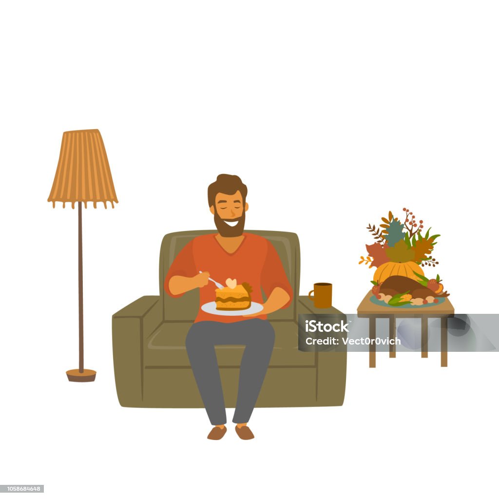 man eating pumpkin pie sitting at home on a sofa isolated vector illustration scene Adult stock vector