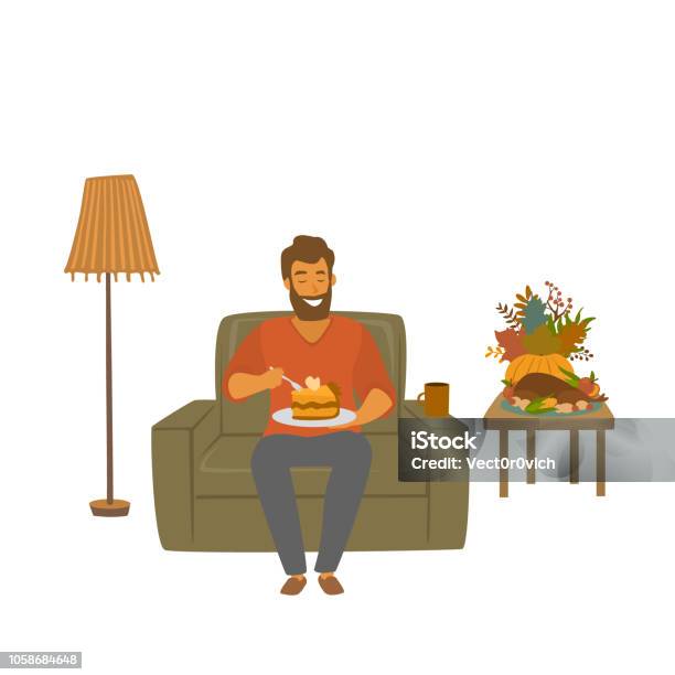 Man Eating Pumpkin Pie Sitting At Home On A Sofa Isolated Vector Illustration Scene Stock Illustration - Download Image Now