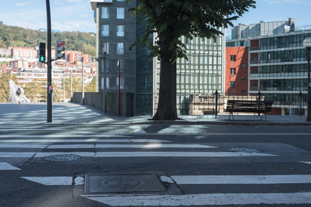 istock Sun reflection on modern glass skyscraper facade and street 1058687640