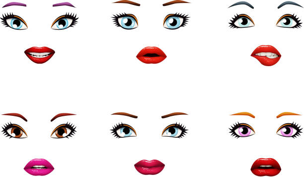 illustrations, cliparts, dessins animés et icônes de lèvres de femme élégante fashion filles ouvrez légèrement la bouche femelle yeux isolés scénographie vector illustration - sensuality human lips mouth open studio shot